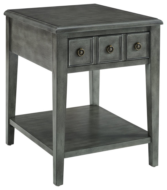 Farmhouse End Table, Tapered Legs With Open Shelf & Single Storage