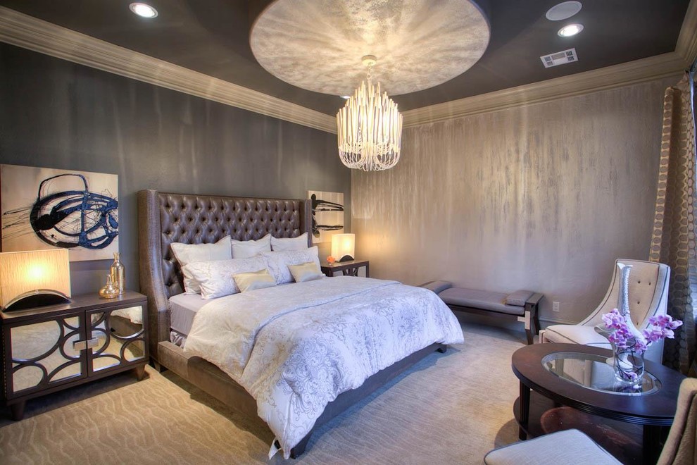 Transitional bedroom in Oklahoma City with grey walls and carpet.