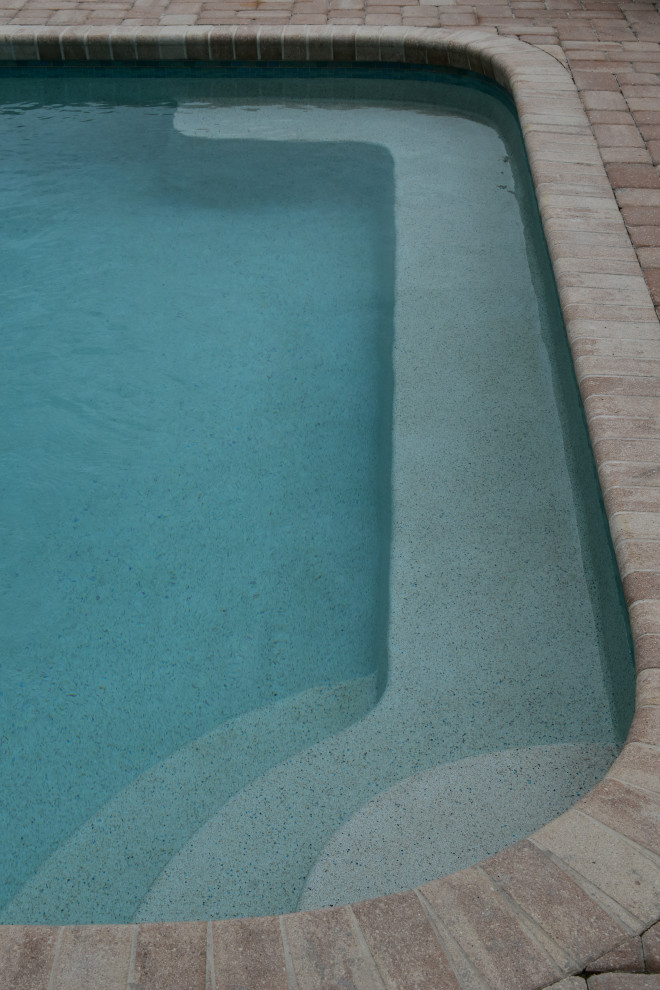 Inspiration for a small contemporary backyard rectangular pool in Tampa with brick pavers.