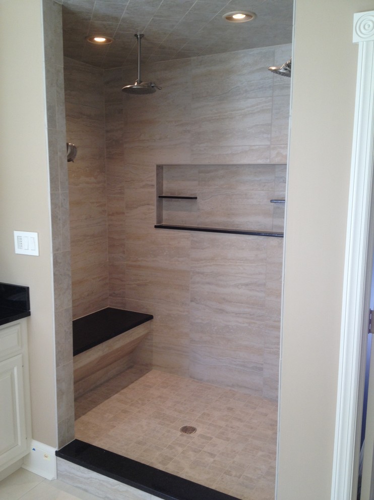 Photo of a mid-sized transitional master bathroom in Philadelphia with an alcove shower, beige walls, ceramic floors, raised-panel cabinets, white cabinets, a two-piece toilet, beige tile, ceramic tile, a drop-in sink, solid surface benchtops, beige floor and an open shower.