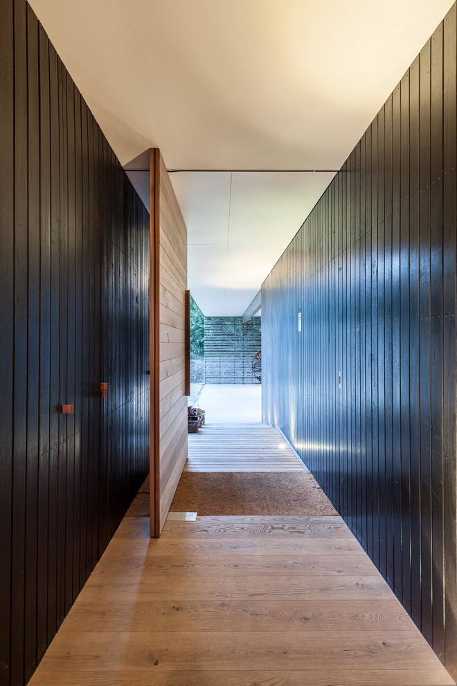 This is an example of a contemporary hallway in Melbourne with light hardwood floors.