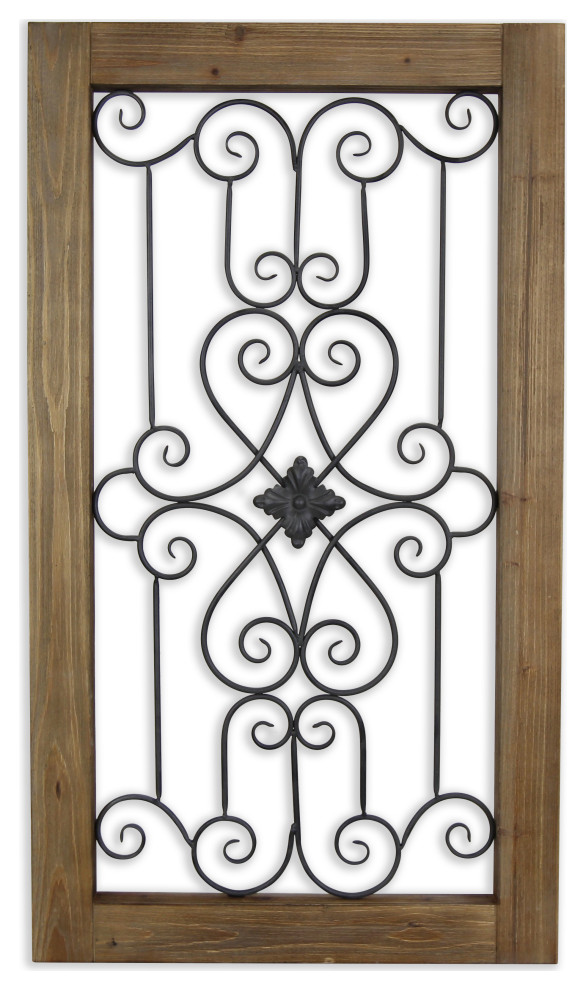 Brown Wood Frame Wall Decor With Iron Center Mediterranean Wall