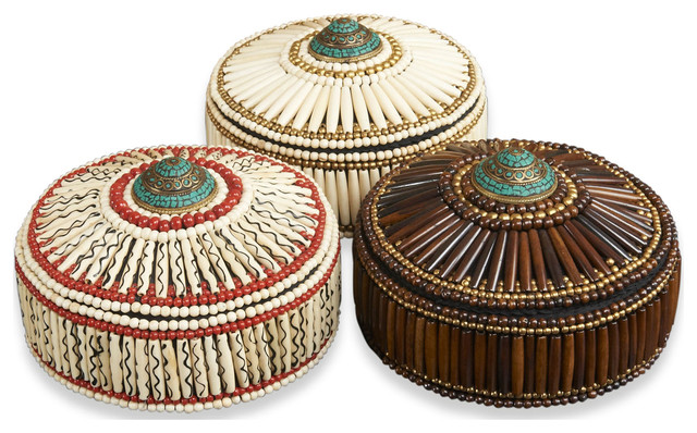 Pashtun Global Colored Bone Inlay Decorative Boxes- Set of 3
