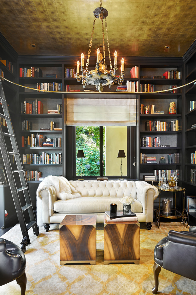 Design ideas for a traditional enclosed family room in Seattle with a library, grey walls and yellow floor.