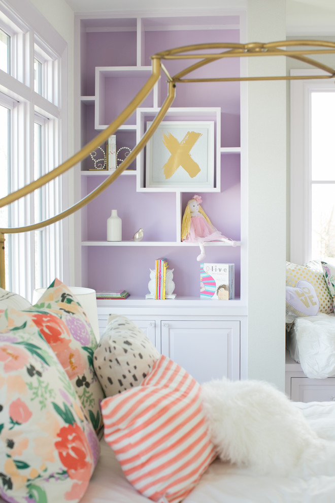 Design ideas for a large modern kids' bedroom for kids 4-10 years old and girls in Indianapolis with white walls, carpet and white floor.