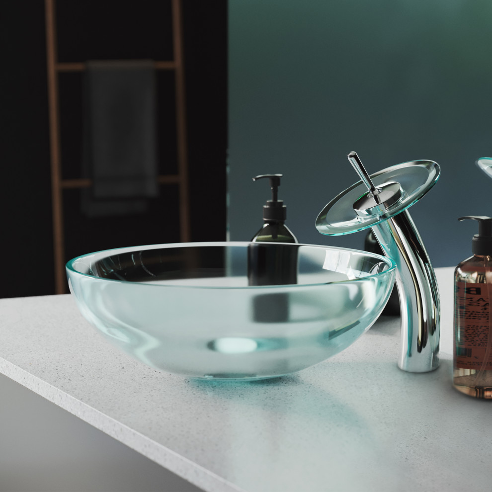 Cascade 16.5 Glass Vessel Sink with Faucet Contemporary Bathroom