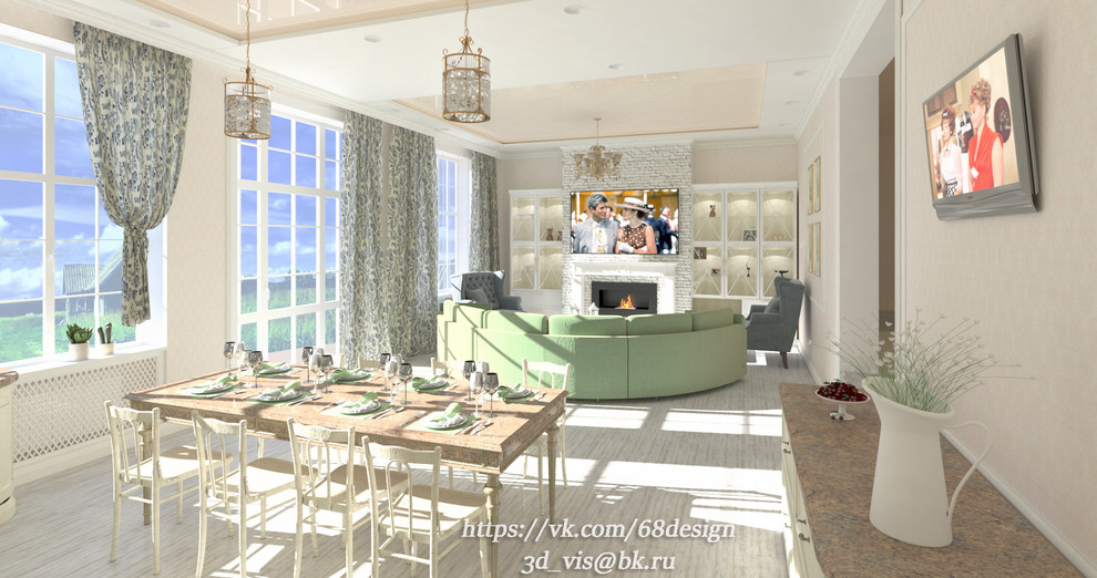 Дизайн и визуализация кухни-гостиной (54м2) загородного дома, в стиле прованс.