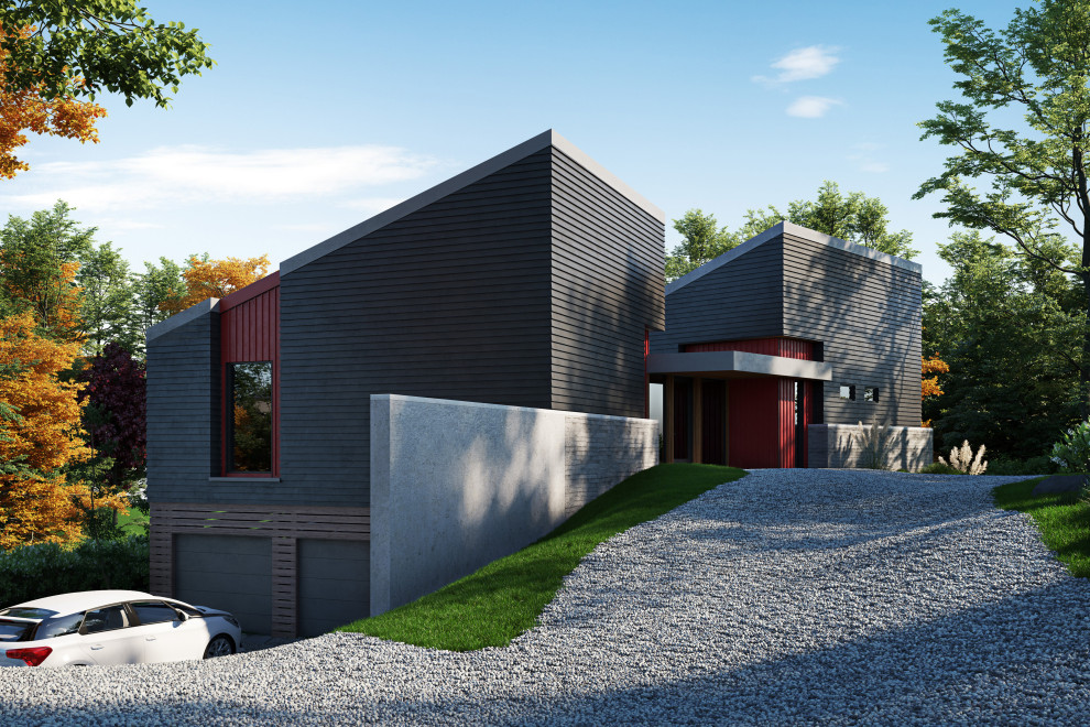 Diseño de fachada de casa negra minimalista de tamaño medio de dos plantas con revestimientos combinados, tejado de un solo tendido, tejado de teja de madera y tablilla