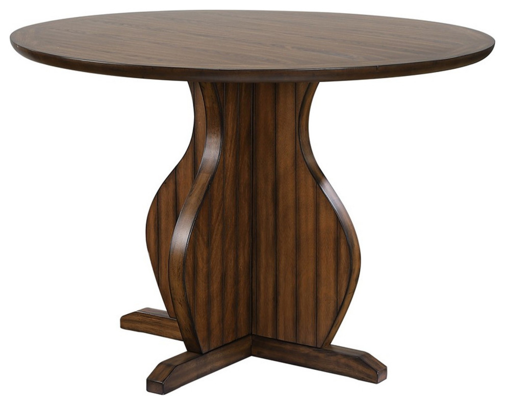 Benzara BM230720 Grooved Round Counter Height Table, Pedestal Base, Oak