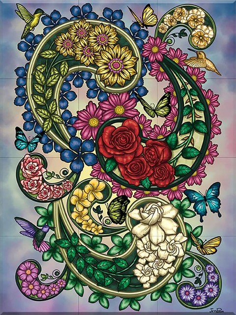 Ceramic Tile Mural, Paisley Flowers With Red Roses, by Jess Perna