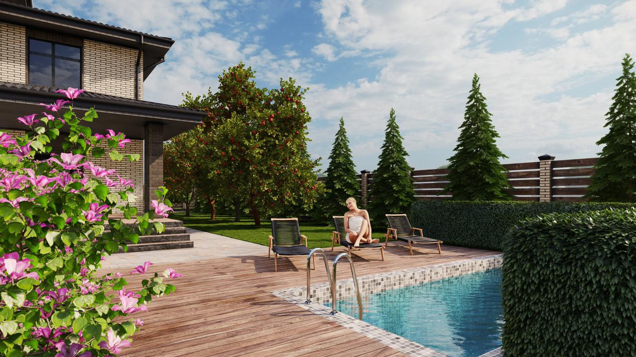 Проект по благоустройству дома с бассейном и водоемом