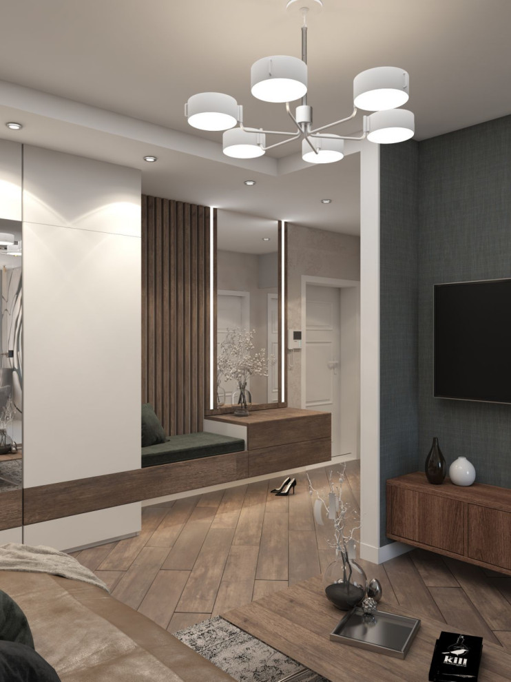 Двухкомнатная квартира со стеклом между гостиной и спальней