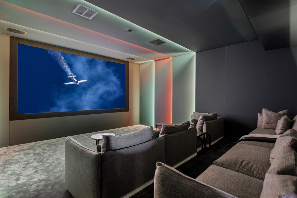 Home theater - mid-sized contemporary enclosed carpeted home theater idea in Los Angeles with white walls and a wall-mounted tv