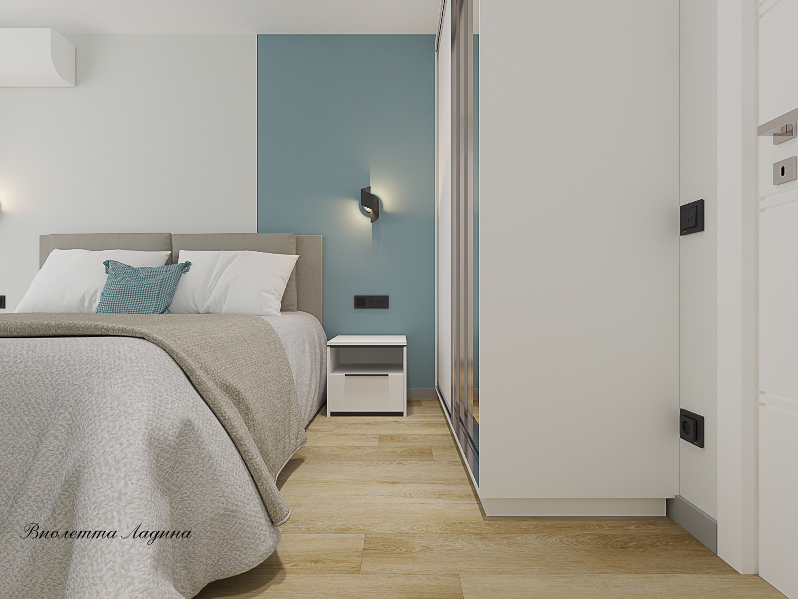 Трешка в панельном доме в современном стиле с голубым акцентом.