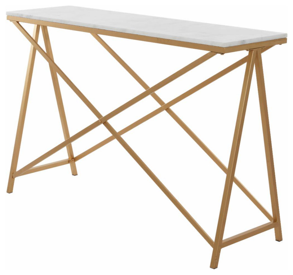 Contemporary Console Table, XShaped Trestle Polished Gold Base With Marble Top Contemporary