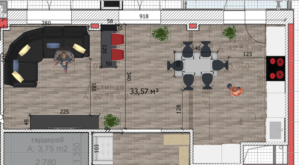 План гостиной-столовой-кухни