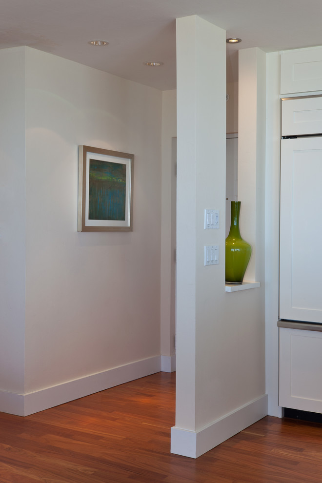 Photo of a small contemporary entry hall in Miami with white walls, medium hardwood floors, a single front door and a white front door.