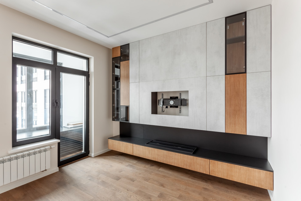 ТВ-стенка из материалов четырех видов и с камином