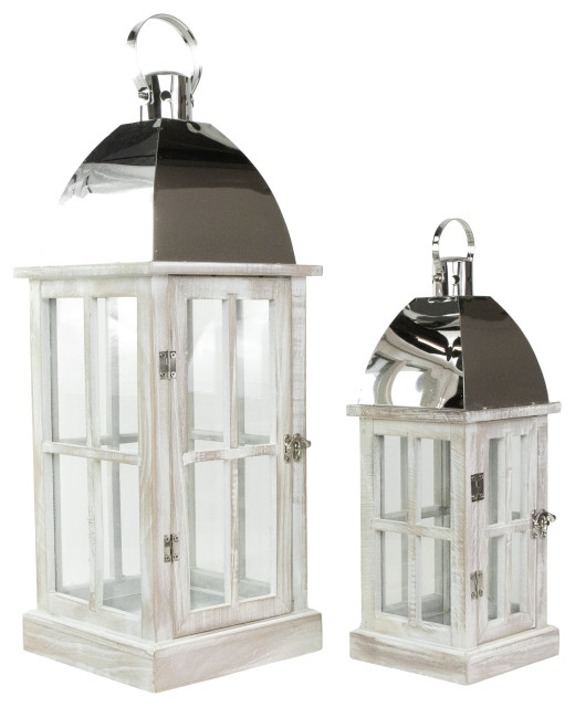 Set of 2 Antique White Wood Candle Lanterns with Silver Tops 21.5"