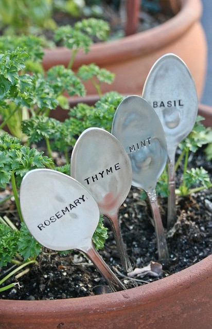 Basil Mint Rosemary Thyme Silverware Garden Marker Set By Beach House Living eclectic-gardening-accessories