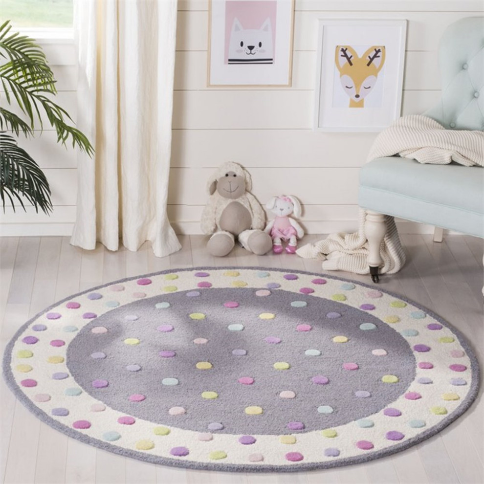 Safavieh Kids 5' Round Hand Tufted Wool Rug in Gray and Ivory