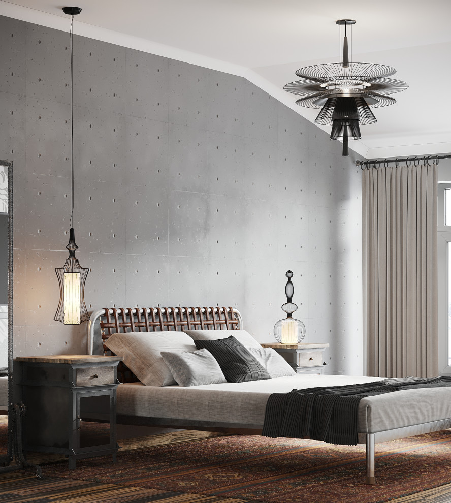 Идея дизайна: хозяйская спальня среднего размера в современном стиле с серыми стенами, полом из винила и панелями на стенах