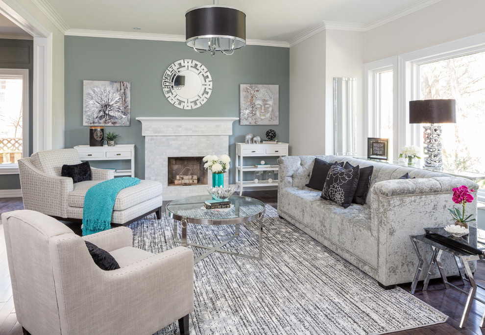 Inspiration for a transitional formal open concept living room in Toronto with grey walls and a standard fireplace.