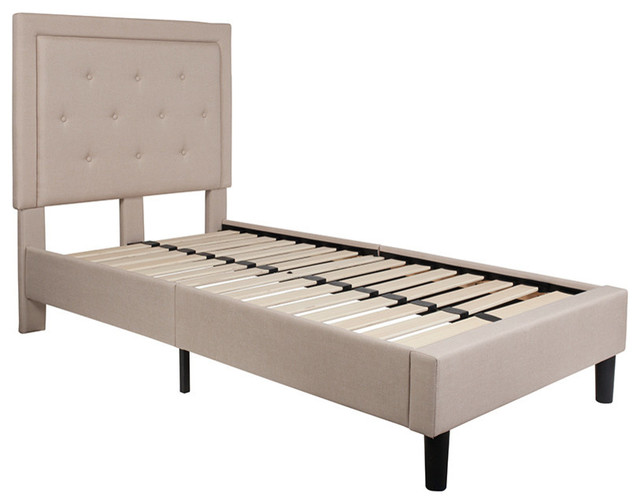 Roxbury Twin Size Tufted Upholstered Platform Bed, Beige Fabric