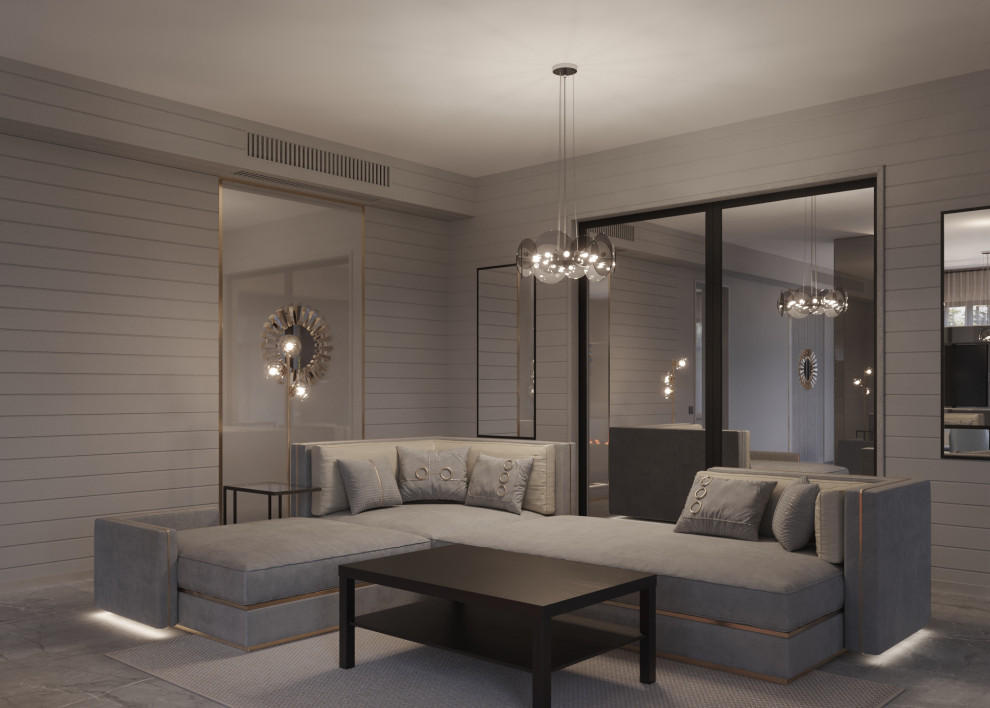 Гостиная с камином в проекте загородного дома