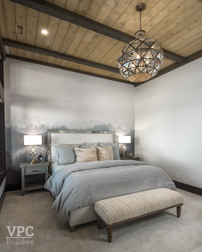 This is an example of a mid-sized contemporary guest bedroom in Charlotte with beige floor, wood, white walls and carpet.
