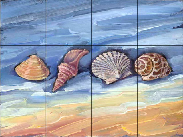 Tile Mural, Four Shells, Kitchen Backsplash Ideas, 17"x12.75"