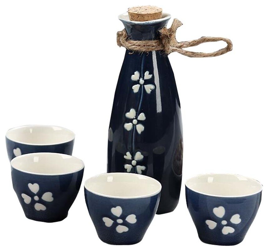 Sake Set Japanese Sake Cup Set Traditional Hand Painted Design Porcelain Pottery Ceramic Cups Crafts Wine Glasses 5 Piece Blue Wise