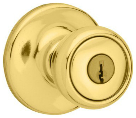 Kwikset® 94002825 Mobile Home Entry Lockset, Polished Brass Transitional Doorknobs by