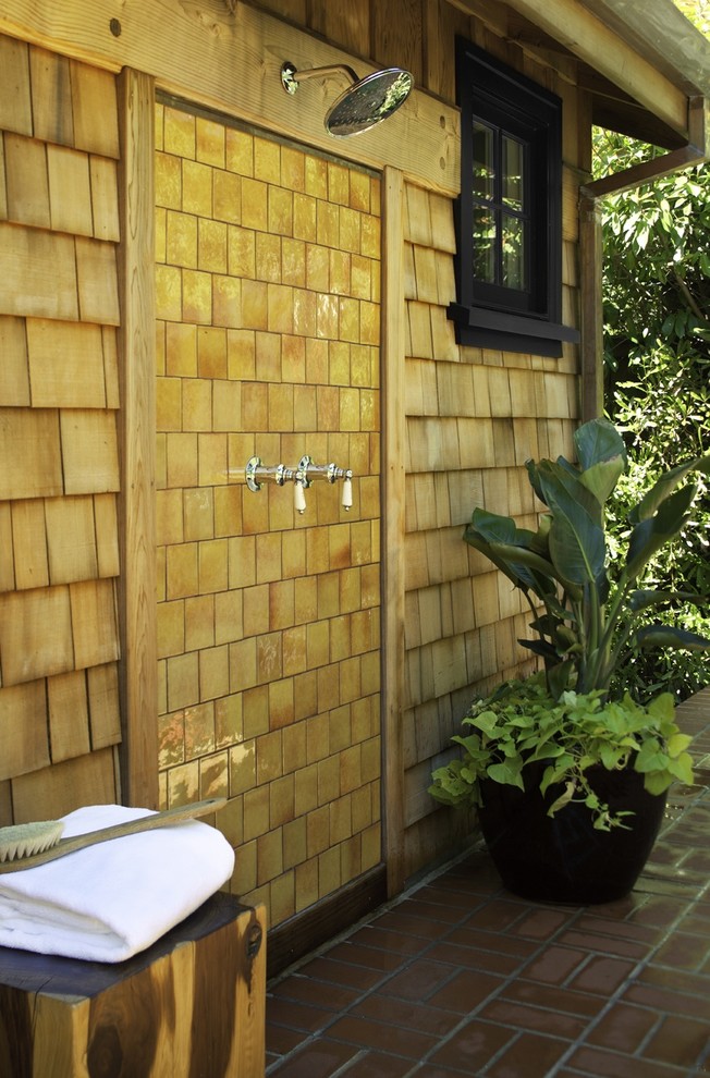 This is an example of a transitional patio in San Francisco with an outdoor shower.