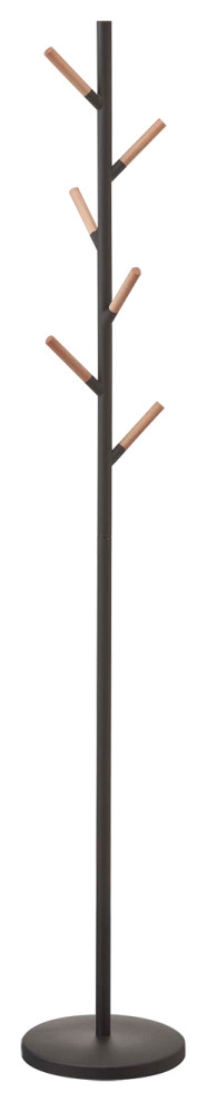 Sleek Yamazaki Black Freestanding Coat Rack with Wood-Tipped Hooks