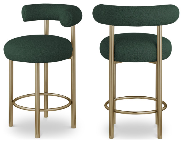 Bordeaux Boucle Fabric Upholstered Stool (Set of 2), Green, Brushed Brass
