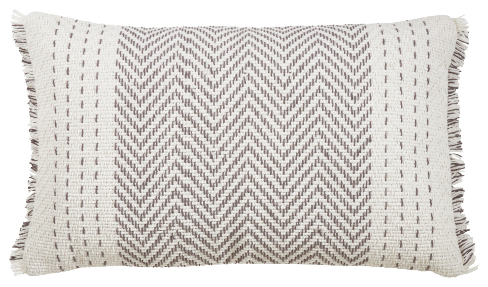 Throw Pillow With Kantha Stitch Design, Gray, 14"x23", Cover Only
