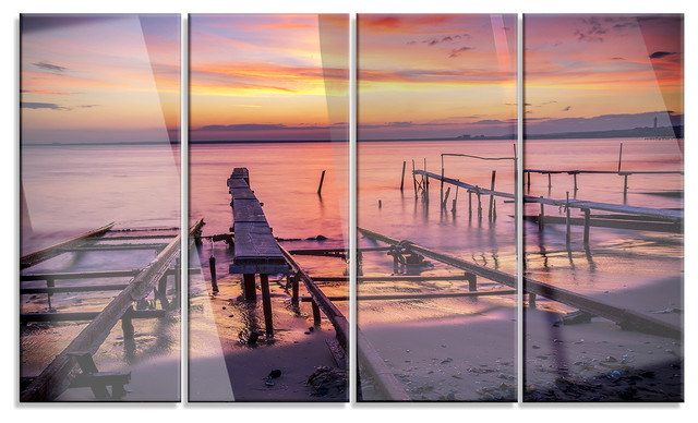Fishing Pier In Sea At Sunset Metal Wall Art Beach Style