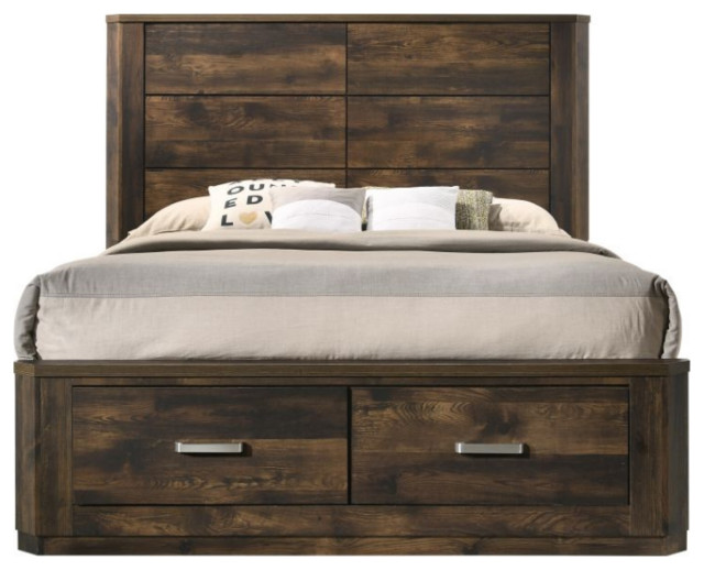 Queen Bed With Storage, Rustic Walnut Transitional Platform Beds