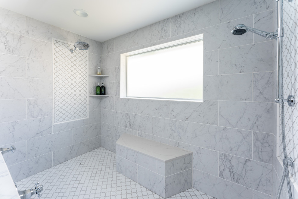 Photo of an expansive classic grey and white ensuite bathroom in Kansas City with shaker cabinets, white cabinets, a freestanding bath, a double shower, a wall mounted toilet, grey walls, ceramic flooring, engineered stone worktops, white floors, a hinged door, white worktops, double sinks, a built in vanity unit and wallpapered walls.