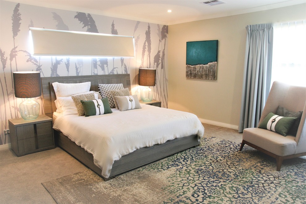 Inspiration for a large beach style master bedroom in Perth with white walls, carpet and grey floor.