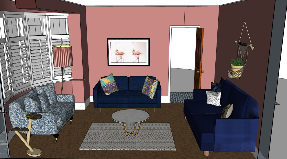 На фото: парадная, изолированная гостиная комната среднего размера в стиле ретро с розовыми стенами, светлым паркетным полом, стандартным камином, фасадом камина из кирпича, телевизором на стене и бежевым полом с