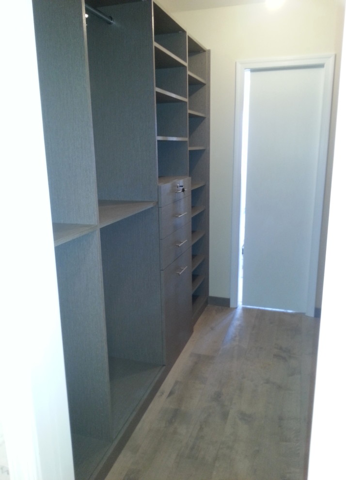 Inspiration for a mid-sized contemporary gender-neutral walk-in wardrobe in New York with flat-panel cabinets, grey cabinets, light hardwood floors and beige floor.