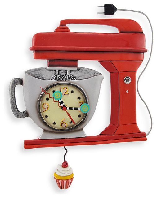 Allen Designs Red Vintage Kitchen Mixer Wall Clock with Cupcake Pendulum
