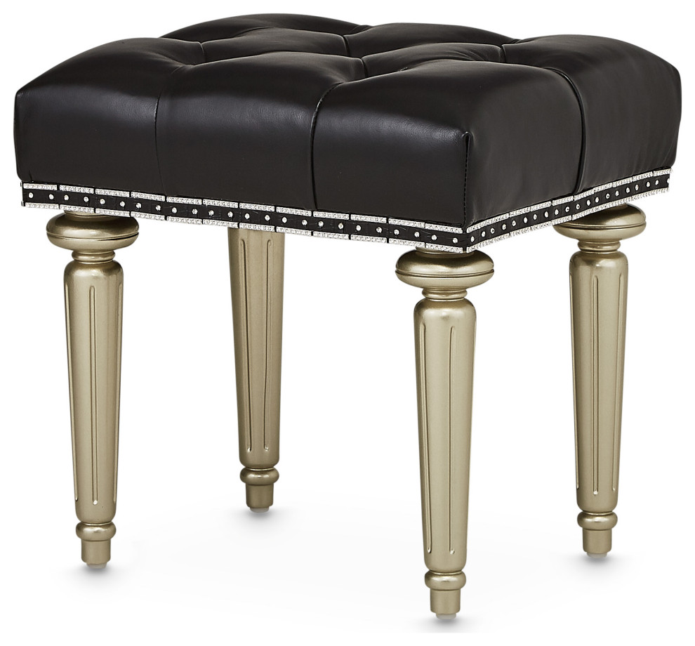 Hollywood Swank Tufted Leather Vanity Bench, Black Traditional