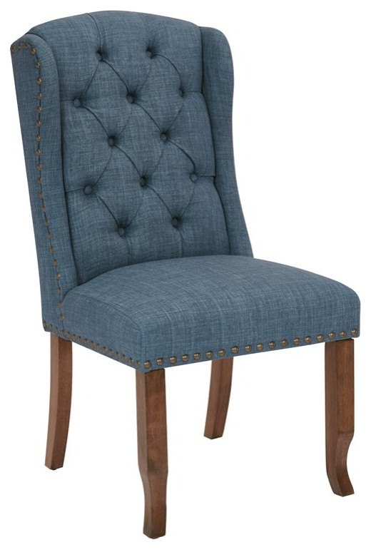 Jessica Tufted Wing Chair in Navy Blue Fabric with Bronze Nailheads