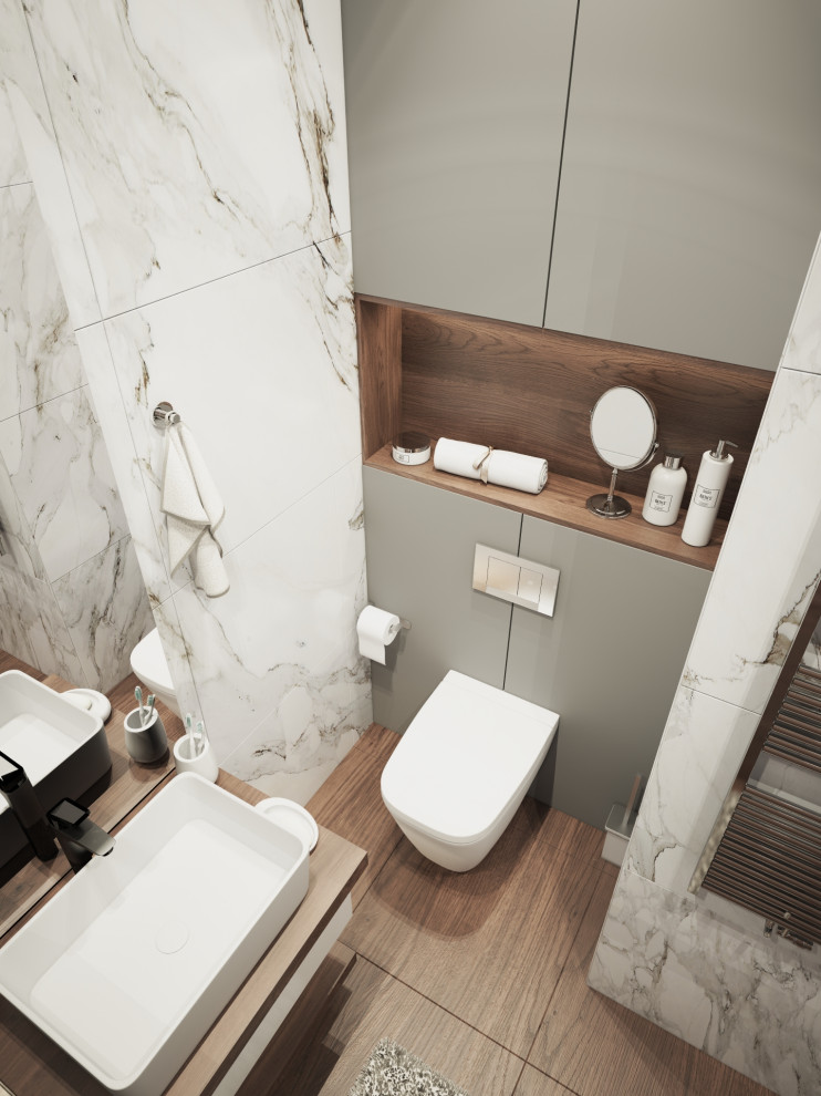 Photo of a small modern master bathroom in San Francisco with glass-front cabinets, a corner shower, a wall-mount toilet, marble, grey walls, painted wood floors, a sliding shower screen, a single vanity, coffered and panelled walls.