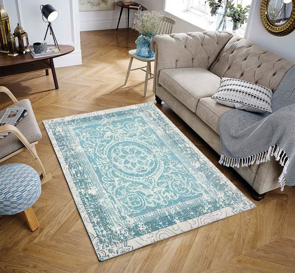 Velvety Soft Pile Oriental Area Rug Aqua,Beige Bastian, 8x10