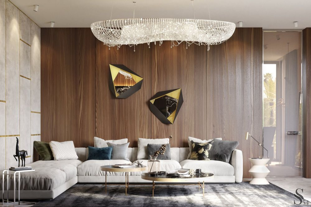 Мягкая группа PLEASURE и люстра Manooi на фоне панели из массива дерева