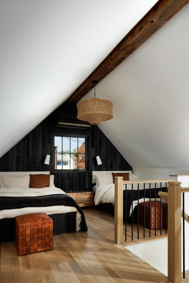 Modern Adu in Del Rey, Alexandria, Virginia - Kids' room - small transitional guest light wood floor, brown floor, exposed beam and wood wall kids' room idea in DC Metro with black walls